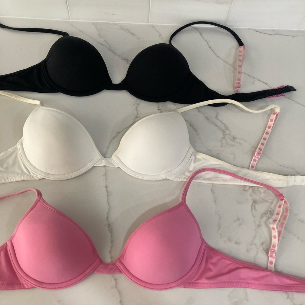 Vintage PINK Victoria's Secret Black, White, and Pink Bra Trio